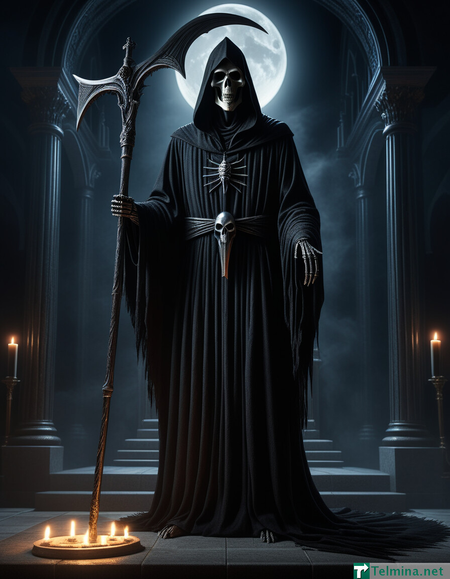 best quality, realistic, RAW photo, extremely detailed, full body, Grim Reaper standing in front of the author and ask some questions in front of the alter at midnight.