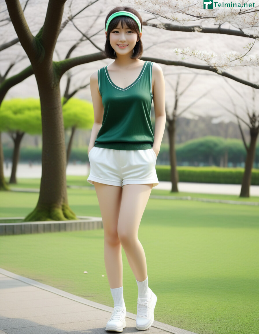 best quality, realistic, RAW photo, front view, extremely detailed, ((full body)), a tall ((Japanese)) large breasts wide-hipped fluffy bob cut intelligent beautiful girl feeling spaciousness and happiness at the park in early spring, cool beautyj, wearing ((((dark green headbands)))), ((dark green tanktops with a large open chest area)) tucked in ((white short tight silky hotpants)), ((white knee boots)).