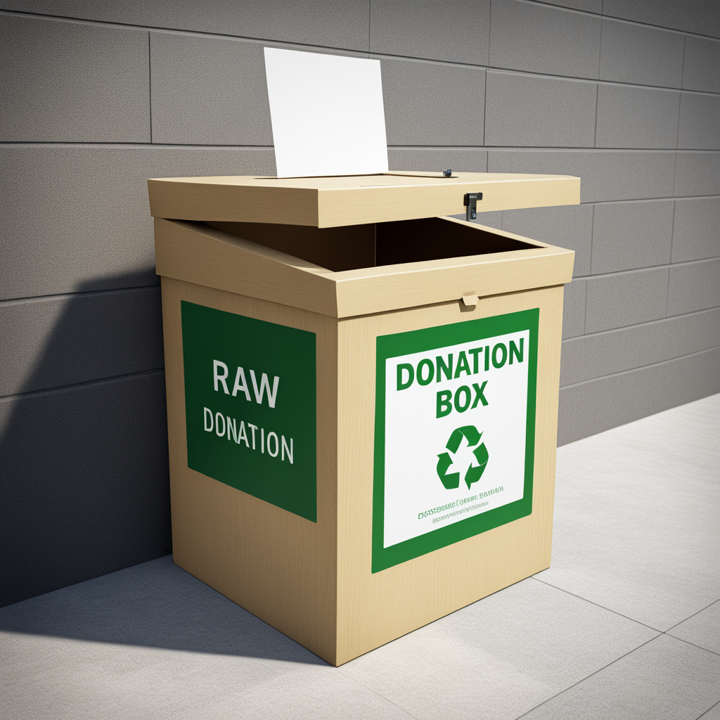 best quality, realistic, RAW photo, extremely detailed, a donation box