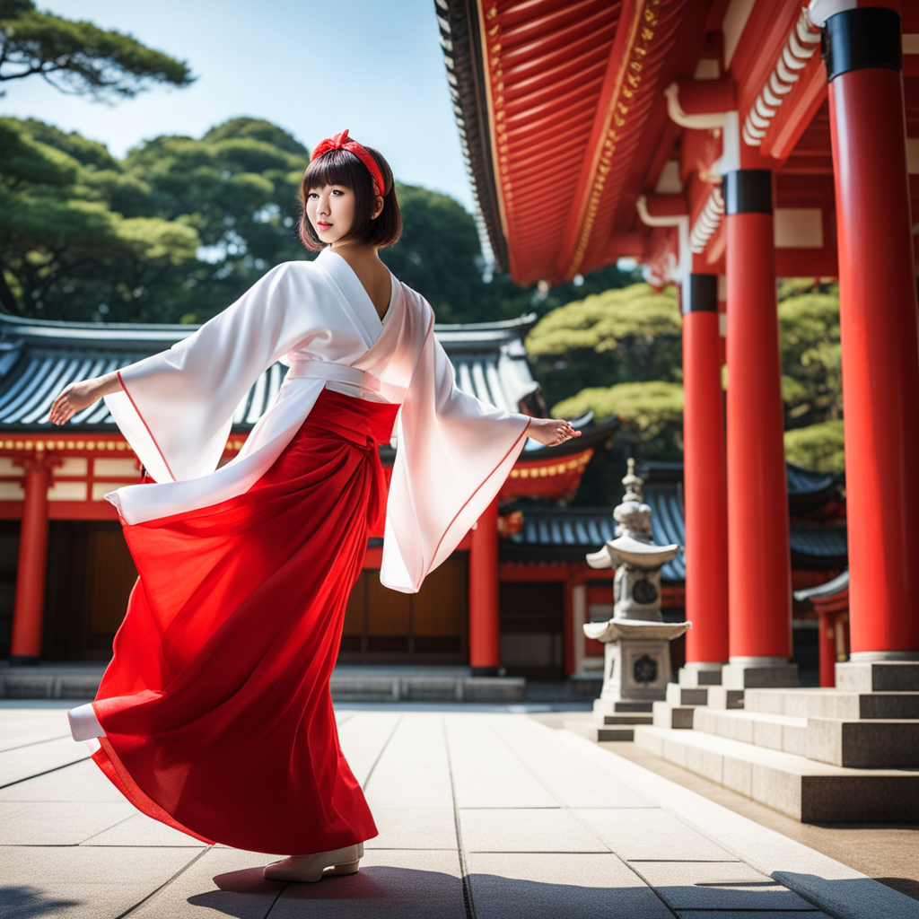 best quality, realistic, RAW photo, side view, extremely detailed, full body, a tall ((Japanese)) large breasts wide-hipped fluffy bob cut intelligent beautiful girl dancing sensually at the plaza in front of shrine, cool beauty, wearing red headband, red long skirt, white shrine maiden cloth, white long boots.