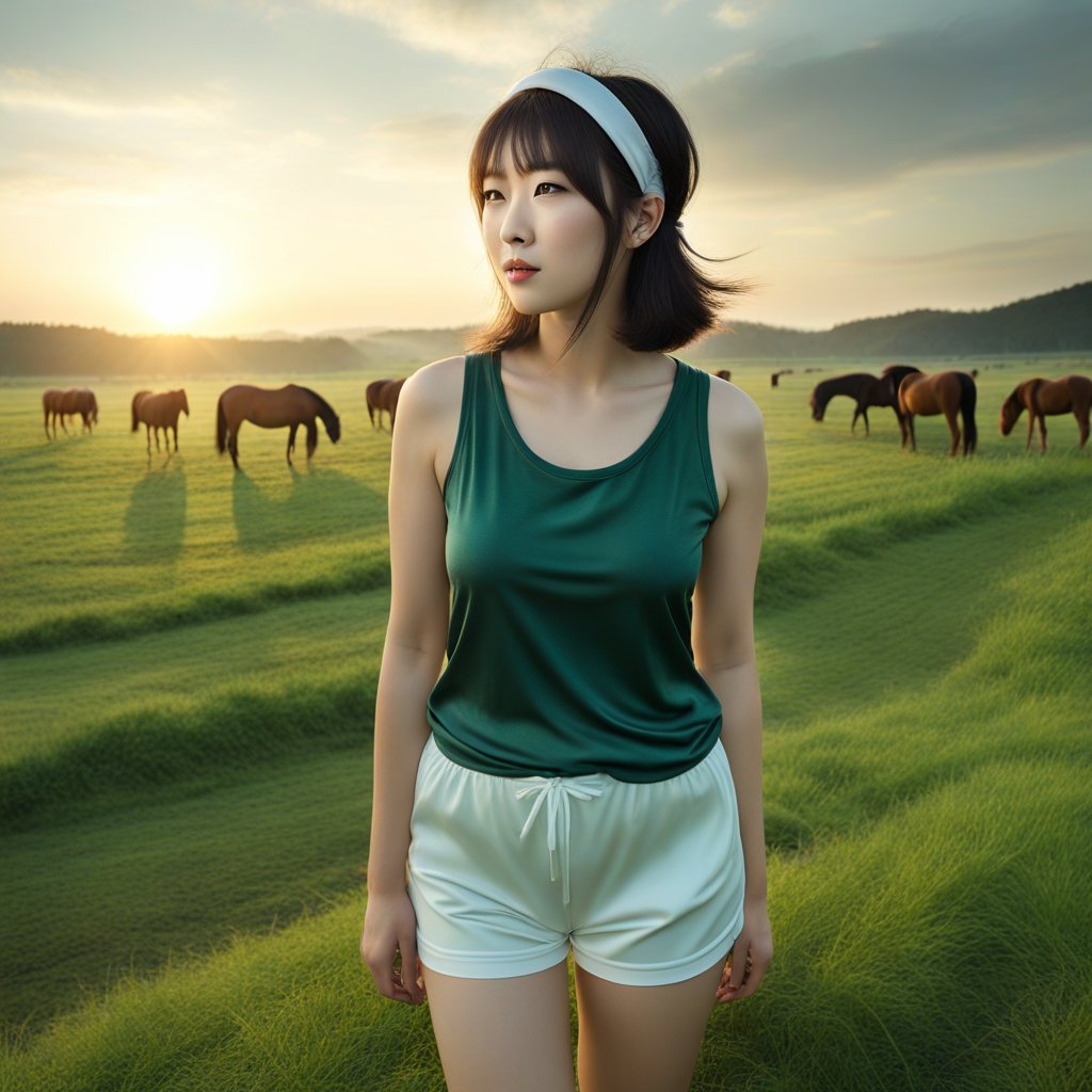 best quality, realistic, RAW photo, high angle shot, extremely detailed, full body, a tall Japanese voluptuous fluffy bob cut intelligent beautiful girl watching horses and sunrise at the pastureland in early morning, cool beauty, wearing ((dark green headbands)), ((dark green tanktops with a large open chest area)) tucked in ((white tight silky short low-rise hotpants)), ((white knee boots)).