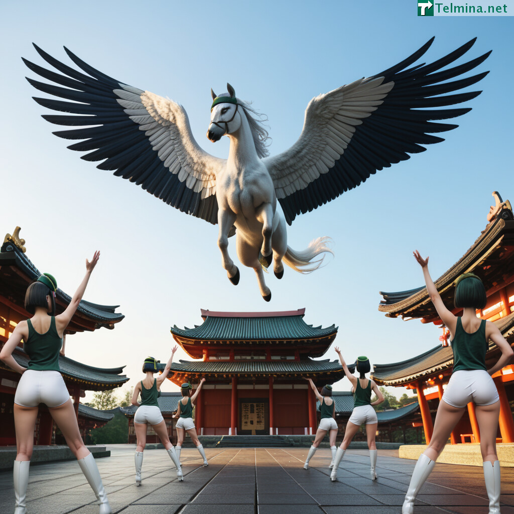 score_9, score_8_up, score_7_up, score_6_up, score_5_up, score_4_up, best quality, realistic, RAW photo, ((((back view)))), extremely detailed, multiple girls, tall ((((Japanese)))) large breasts wide-hipped fluffy bob cut intelligent beautiful girls are worship a Pegasus in front of the shrine in early morning, exciting, cool beauty. Their uniforms are ((((dark green headbands)))), ((((dark green tanktops with a large open chest area)))) tucked in ((((white tight shorts)))), ((((white knee boots)))).