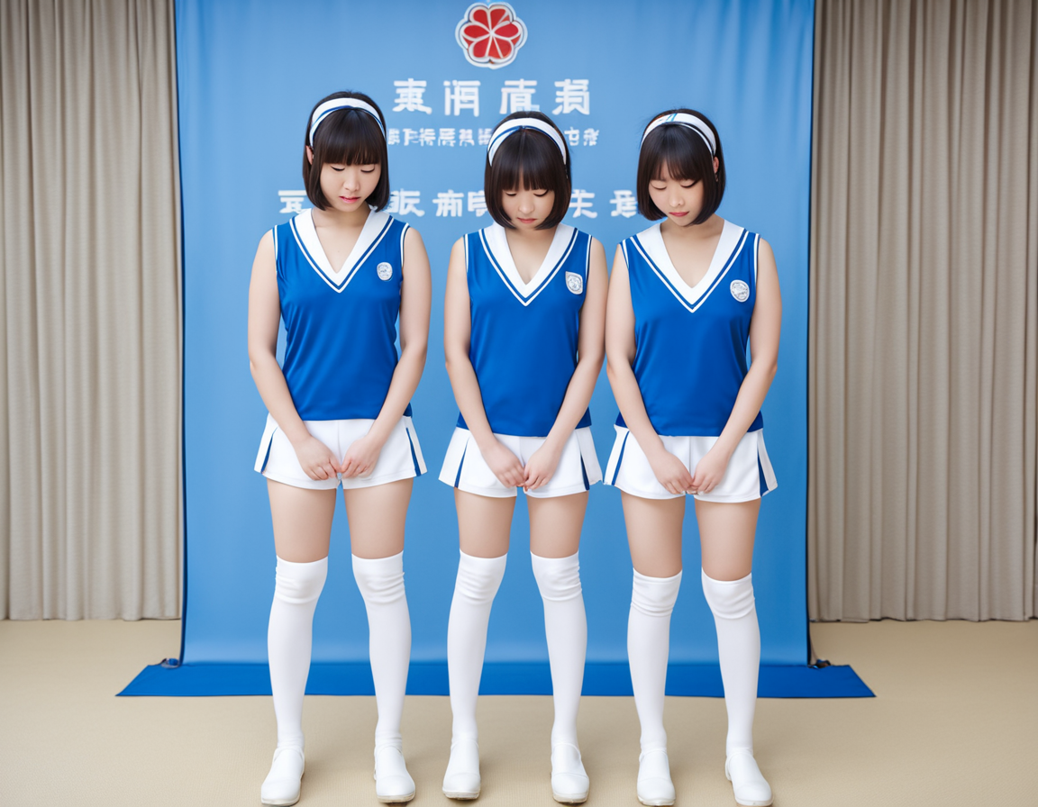 best quality, realistic, RAW photo, front view, full body, 3girls, tall Japanese voluptuous fluffy bob cut intelligent beautiful girl are apologizing deeply and bowing their head in press conference, cool beauty. Their uniforms are ((saphire blue headbands)), ((saphire blue tanktops with a large open chest area)) tucked in ((white tight silky hotpants)), ((white knee boots)).