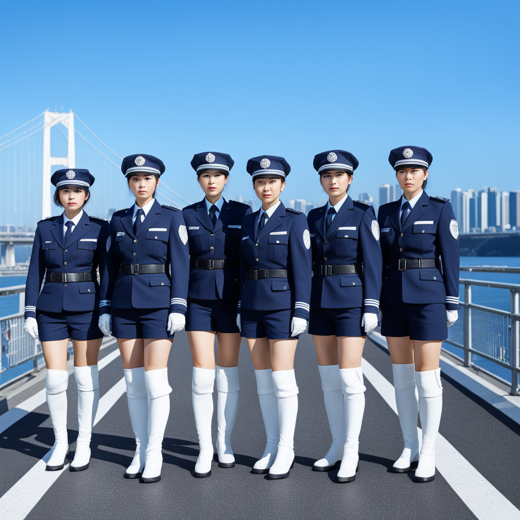 best quality, realistic, RAW photo, extremely detailed, full body, some ((Japanese)) female police officers, wearing uniform of police officers with ((dark blue hotpants)), ((white knee boots)), blocking the Rainbow Bridge with barricade under the bluesky.