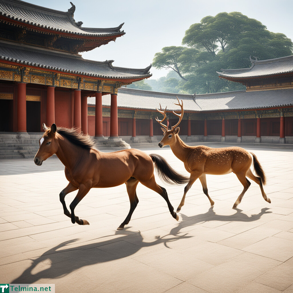 best quality, realistic, RAW photo, extremely detailed, a horse and a deer are running side-by-side at a plaza of the temple in sunny day.