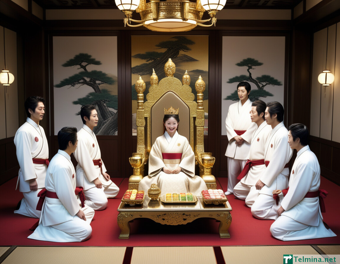 best quality, realistic, RAW photo, extremely detailed, high angle shot, at a throne room, ADDCOMM ((((back view)))), multiple men, full body, tall ((Japanese)) young men are kneeling in front of the princess and presenting sweets for her, wearing white suits, ADDCOL full body, the Japanese 20yo princess sitting high-handedly on the throne at inner part of throne room, eating some sweets, wearing gold crown and white suits, ADDCOL ((((back view)))), multiple men, full body, tall ((Japanese)) young men are kneeling in front of the princess and presenting sweets for her, wearing white suits.