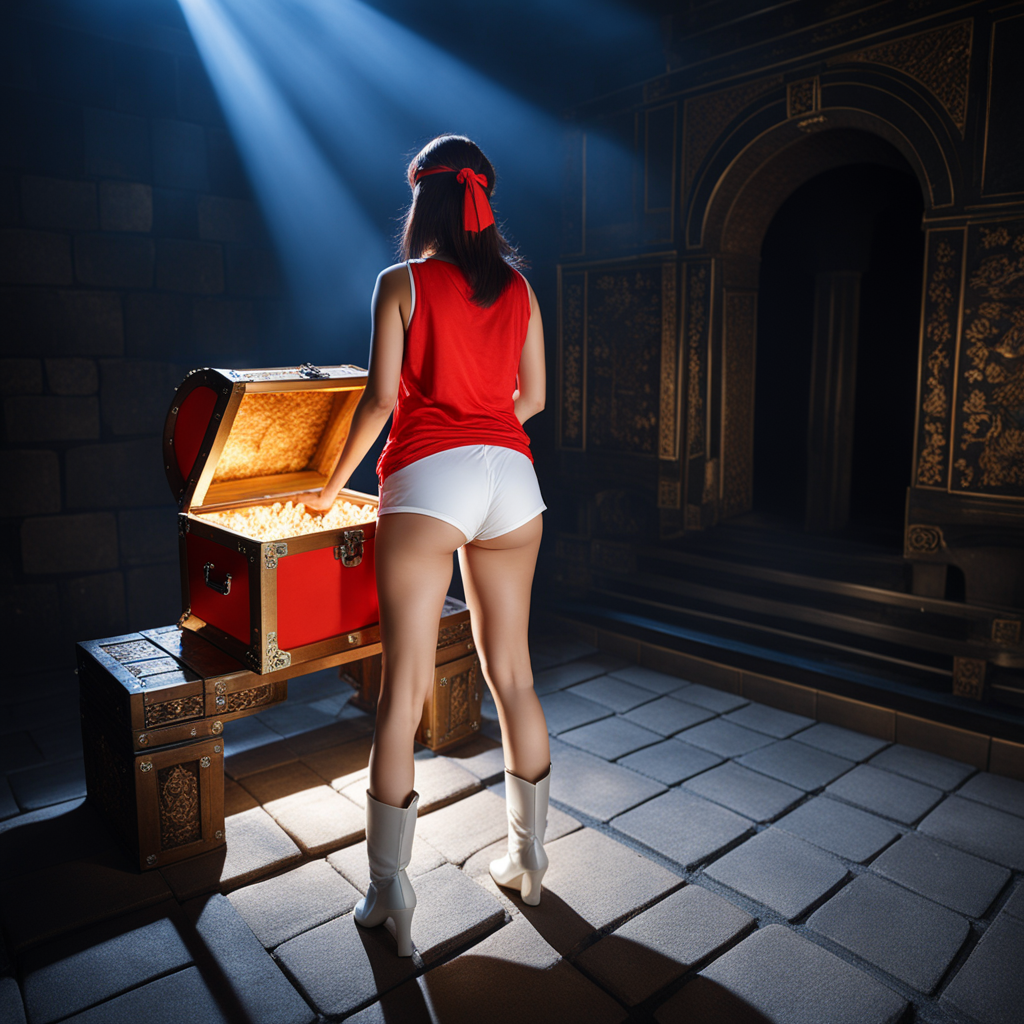best quality, realistic, RAW photo, high angle shot, back view, extremely detailed, full body, a tall Japanese voluptuous fluffy bob cut intelligent beautiful girl opening huge shining treasure chest in the dark room at ancient castle, cool beauty, wearing ((red headbands)), ((red tanktops with a large open chest area)) tucked in ((white tight short silky hotpants)), ((white knee boots)).